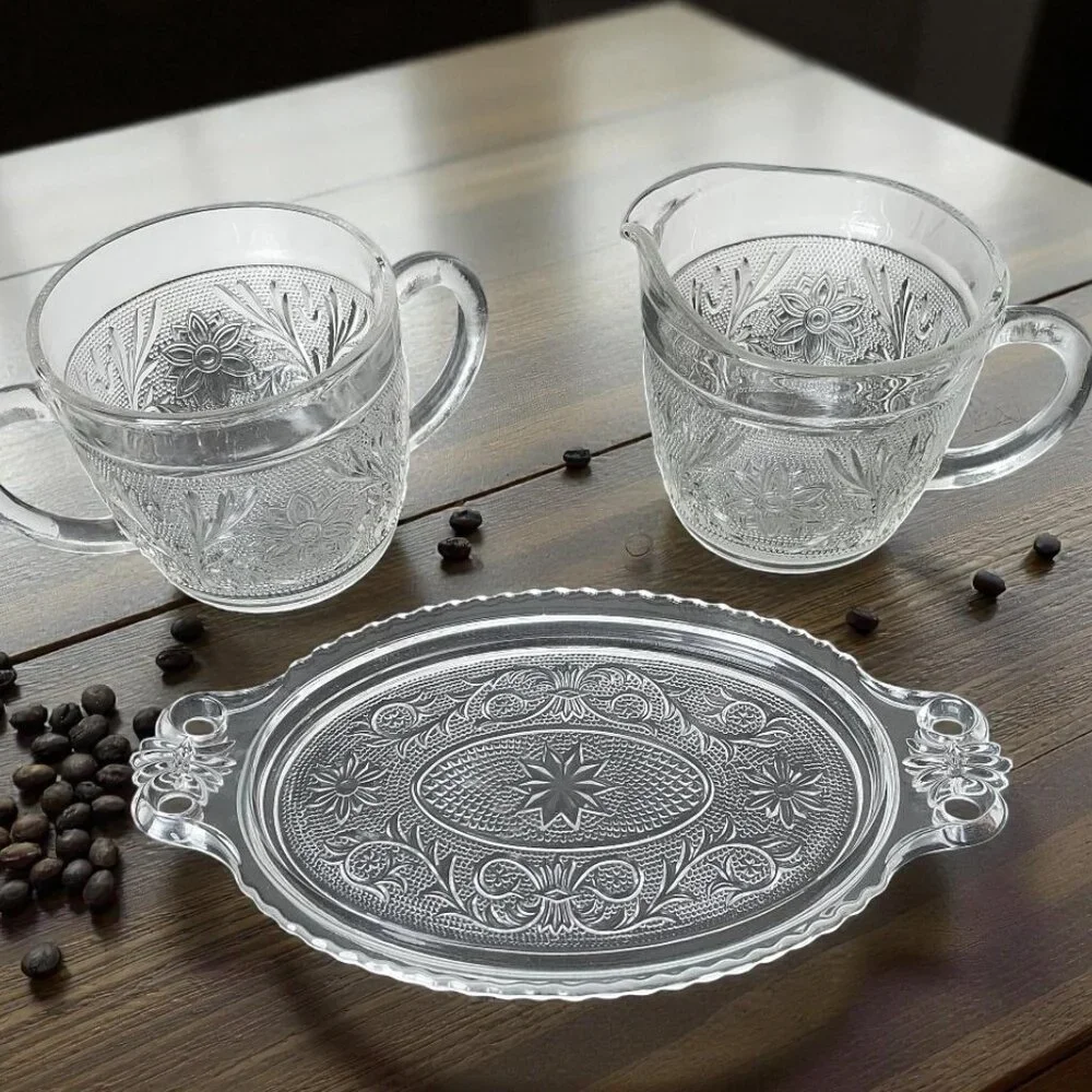 RARE 50's Anchor Hocking Sugar & Creamer/40's Duncan Miller Glass Tray